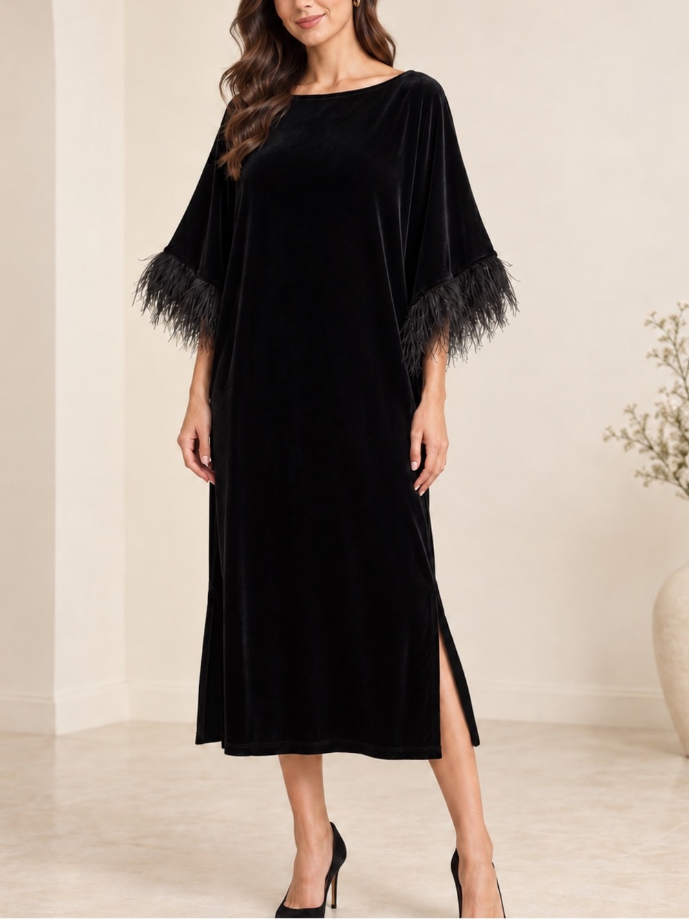 Jude Connally Black Velvet Feather Trim Midi Dress Size L NWT